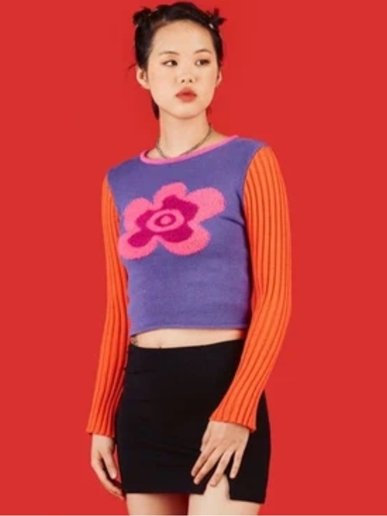 UNIF Sweaters - UNIF Purple Cropped Floral Crewneck Sweater with Orange Sleeves